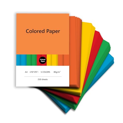 akaca 250 Blatt Buntes Papier, A4 (210 x 297 mm), 80g/m², 5 Farben - Farbpapier Druckerpapier, Perfekt für Schulprojekte, Bürobedarf und Bastelarbeiten von akaca