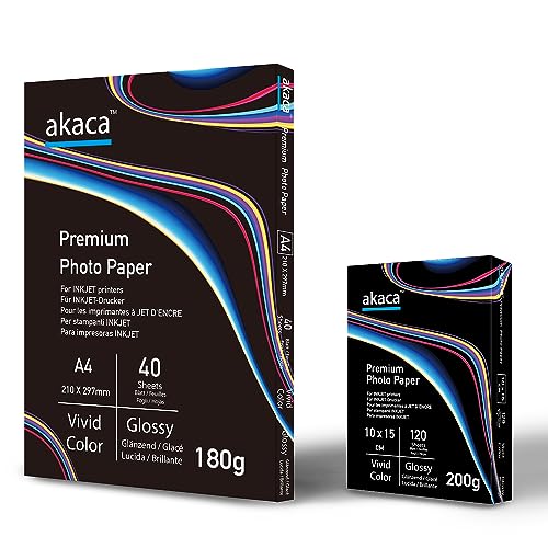 akaca Fotopapier Glänzend 180 g/m², Premium Glossy Photo Paper, Photopapier für alle Tintenstrahldrucker (180g A4 | 40 Blatt + 200g 10x15 | 120 Blatt) von akaca