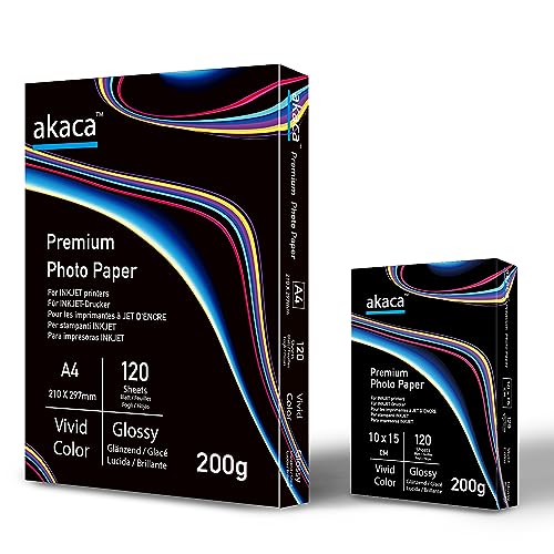 akaca Fotopapier Glänzend A4 (200g A4 | 120 Blatt + 200g 10x15 | 120 Blatt) Premium Glossy Photo Paper, Photopapier für alle Tintenstrahldrucker von akaca