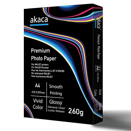 akaca Fotopapier Glänzend A4 (210 x 297 mm), 260 g/m², 50 Blatt, Premium Glossy Photo Paper, Photopapier für alle Tintenstrahldrucker von akaca