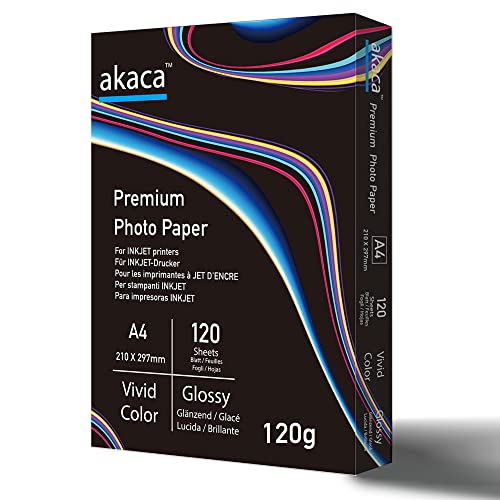 akaca Hochglanz-Fotopapier A4, Premium Glossy Photo Paper für alle Tintenstrahldrucker (120 Blatt, 120 g/m², 210 x 297 mm) von akaca