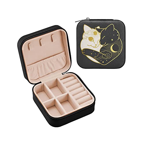 ALAZA Niedliche Katzen, Mond, Sonne, Boho, kleine Schmuckschatulle, für Damen, Mädchen, Herren, Reisen, Schmucketui, PU-Organizer, schwarzer Rand ALAZA Niedliche Katzen, Mond, Sonne, Boho, kleine Schmuckschatulle, für Damen, Mädchen, Herren, Reisen, Schmucketui, PU-Organizer, schwarzer Rand von alaza