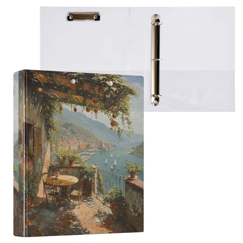 ALAZA Schöner 3-Ringordner mit Italien-Ansicht, 3,8 cm, runder Ringordner mit Klemmbrett, runder Ringordner mit 3 transparenten Innentaschen für Zuhause, Büro, Arbeit, 1 Stück von alaza
