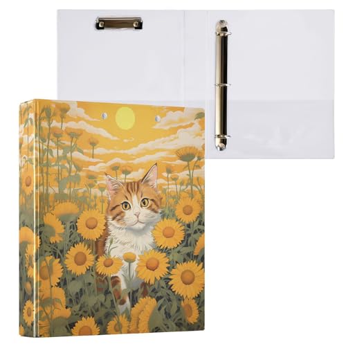 ALAZA Sun Cat Sonnenblume 3 Ringbuch mit Klemmbrett, runder Ringbuch, hält 200 Blatt, für Schule, Büro, Zuhause, 1 Packung von alaza