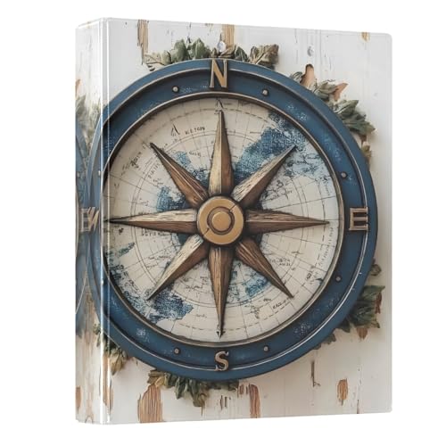 Ringbuch mit 3 Ringen, Vintage-Stil, nautischer Kompass, 3,8 cm, 3,8 cm, 3 Ringbücher mit Klemmbrett, passend für 21,6 x 27,9 cm, 3 transparente Innenfächer aus PVC für Bürobedarf von alaza
