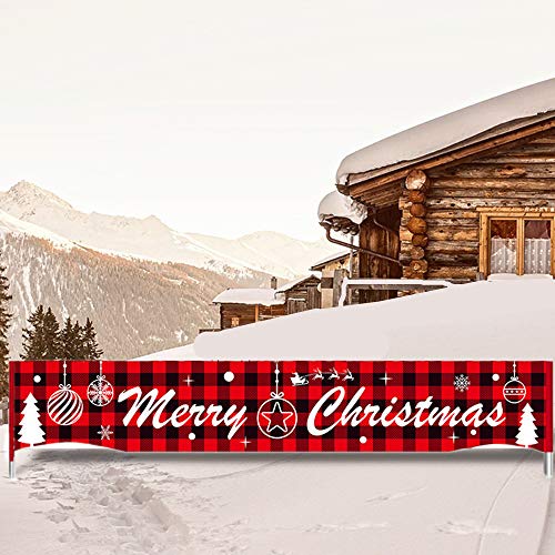 HFBlins großes Frohe Weihnachten Banner, 3 x 0,5 m, rotes Büffelkariert, riesiges Weihnachtsschild für drinnen oder draußen, Holzfäller Xmas Party Zuhause und Haus Dekorationen von alfyng