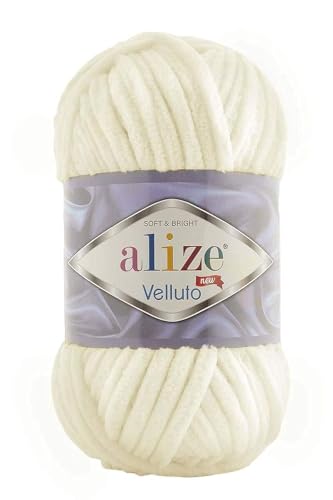 Alize 5 x 100 g Velluto Wolle 500 Gramm super Bulky Chenillegarn,Kuschelweich 100g, Kissen Babydecke etc (Creme 62) von alize
