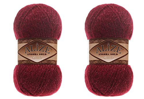 Alize Angora Gold Simli 5% Metallic, 20% Wolle, 75% Acryl, 2 Knäuel, 200 g, 1100 Yds, Garn, Häkelspitze, Handstricken, türkisches Garn (57 Bordeaux) von Alize
