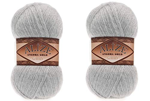 Alize Angora Gold Simli 5% Metallic, 20% Wolle, 75% Acryl, 2 Stück, 200 g, 1100 Yds Garn, Häkelspitze, Handstricken, türkisches Garn (21 Grau) von Alize