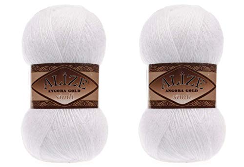 Alize Angora Gold Simli 5% Metallic, 20% Wolle, 75% Acryl, 2 Stück, 200 g, 1100 Yds Garn, Häkelspitze, Handstricken, türkisches Garn (55 Weiß) von Alize