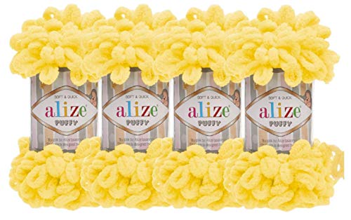 Alize Puffy Baby Big Loop Deckengarn, 100 % Micropolyester, weiches Garn, 400 g, 216-gelb, 4 Stück von Alize