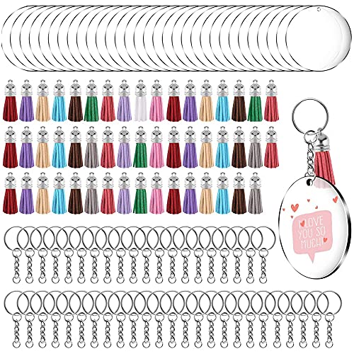 200 Stück Acryl klare Schlüsselanhänger Rohlinge Quasten Set inklusive Schlüsselanhänger mit Kette und Binderingen für DIY und Schlüsselanhänger-Bastelarbeiten (rund, 50 Sets) von alladaga
