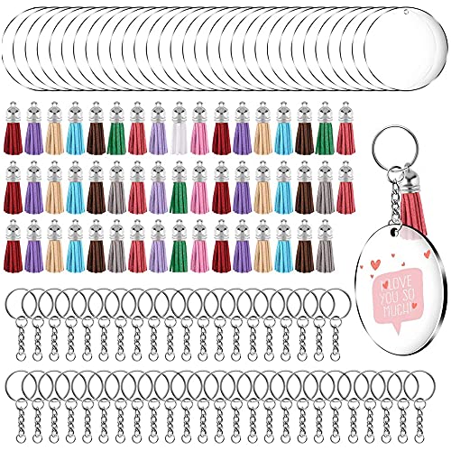 200 Stück Acryl-Schlüsselanhänger-Rohlinge, Quasten-Set, inklusive Schlüsselringen mit Kette und Biegeringe für DIY und Schlüsselanhänger-Bastelarbeiten (rund, 50 Sets) von alladaga