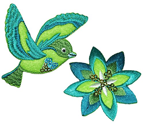 2 TLG. Set: Bügelbilder - Paradies Vogel + Blume grün - 6,5 cm * 6,5 cm - Aufnäher Applikation - gestickter Flicken mit fest afgenähten Pailletten - Vögel Kol.. 2 TLG. Set: Bügelbilder - Paradies Vogel + Blume grün - 6,5 cm * 6,5 cm - Aufnäher Applikation - gestickter Flicken mit fest afgenähten Pailletten - Vögel Kol.. von alles-meine.de GmbH
