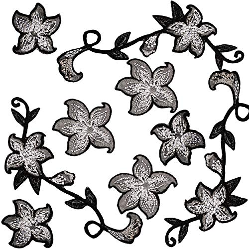 3 * 3 Stück Textil Sticker/Bügelbilder - selbstklebend - Blumenranke & Blüten - schwarz & weiß - 10,5 cm * 4,2 cm - gestickter Flicken - Bügelflicken/Ho.. von alles-meine.de GmbH