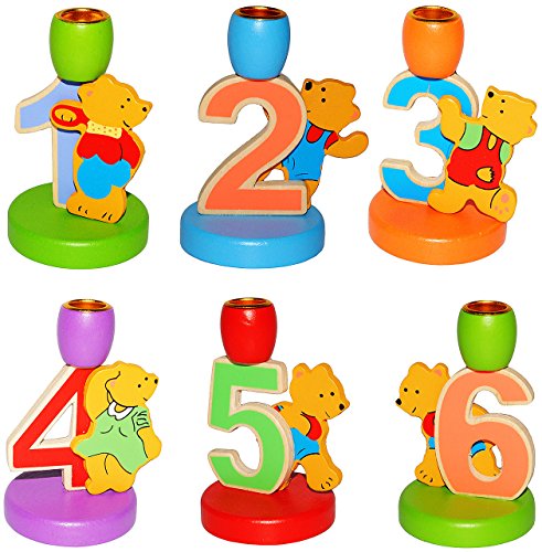 4. Geburtstag - Teddy - Kerzenhalter aus Holz - Zahl 4 - für Kerzen - Kerzenständer zum Aufstellen - Kinder bunt - Geburtstagskranz/Geburtstagszahl - Ki.. von alles-meine.de GmbH