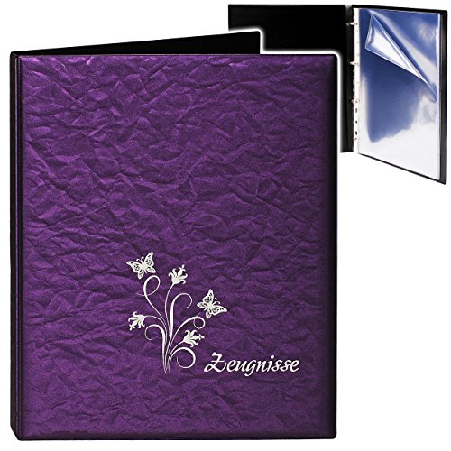 A4 - Ringbuch/Zeugnisringbuch - " Zeugnisse " " Schmetterlinge & Blumen - 3D Metallic Effekt - lila/violett " - Erweiterbar für Einsteckseiten + Einlage.. von alles-meine.de GmbH