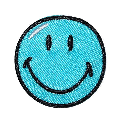 Bügelbild - Smiley blau - 5,5 cm * 5,5 cm - Aufnäher gewebter Applikation/Flicken - Emotion Smileys Gesichter Smile/lachend grinsend - bunt World - Mädche.. von alles-meine.de GmbH