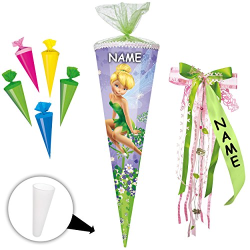 Set Schultüte + 5 kleine Zuckertüten - Disney Fairies - Fee Tinkerbell - 22 bis 100 cm - rund - eckig - incl. Name und individueller großer Schleife - Organ.. von alles-meine.de GmbH