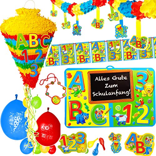 37 tlg. XL Set - Pinata + Girlanden/Wimpel + Luftballons + Streumotive + Dekoschild + Kette - " Schule & Schulanfang - Kindergeburtstag - ABC + Zahlen " - 6.. von alles-meine.de GmbH