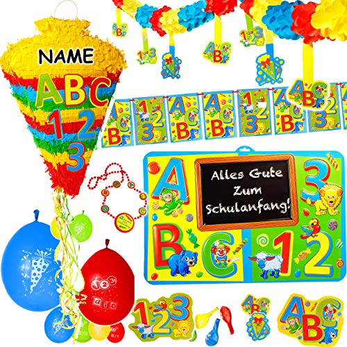 37 tlg. XL Set - Pinata + Girlanden/Wimpel + Luftballons + Streumotive + Dekoschild + Kette - " Schule & Schulanfang - Kindergeburtstag - ABC + Zahlen " - i.. von alles-meine.de GmbH