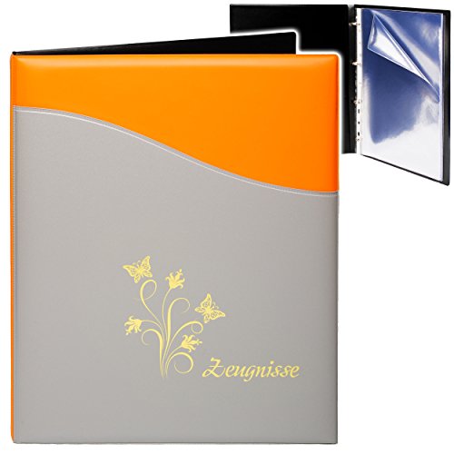 alles-meine.de GmbH A4 - Ringbuch/Zeugnisringbuch - Zeugnisse Schmetterlinge & Blumen - 3D Metallic & Kunst-Leder Effekt - orange/grau - incl. 20 Seiten / 10 Einste.. von alles-meine.de GmbH