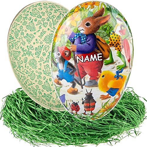 alles-meine.de GmbH Osterei/Ei zum befüllen + Ostergras Anzahl frei wählbar Hase beim Osterspaziergang - 15 cm - inkl. Name - Füll - Pappei - Deko Pappe Papp Pappeier Dekoe.. von alles-meine.de GmbH