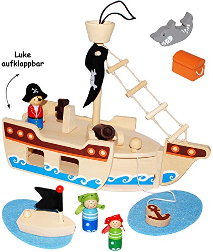 alles-meine.de GmbH Set - Piratenschiff aus Holz - incl. 10 Spiel Figuren - Holzschiff mit Geheim Versteck & aufklappbare Ladeluke/Piraten - Kapitän - Holzfiguren - Spielze.. von alles-meine.de GmbH