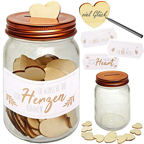alles-meine.de GmbH Wunschglas - Wunscherfüller/Gästebuch/Erinnerungsalbum/Spardose - je 60 Holz - Herzen im Glas - für Erinnerungen + Wünsche - Eintragen - Hochzeit Gebur.. von alles-meine.de GmbH