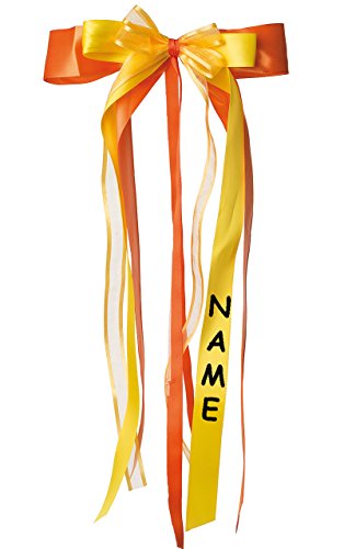 alles-meine.de GmbH große 3-D Schleife - 24 cm breit u. 55 cm lang - orange & gelb - incl. Name/Text - Geschenkschleife/Geschenkband mit edlen Satin Bändern, Tüll & Bastb.. von alles-meine.de GmbH