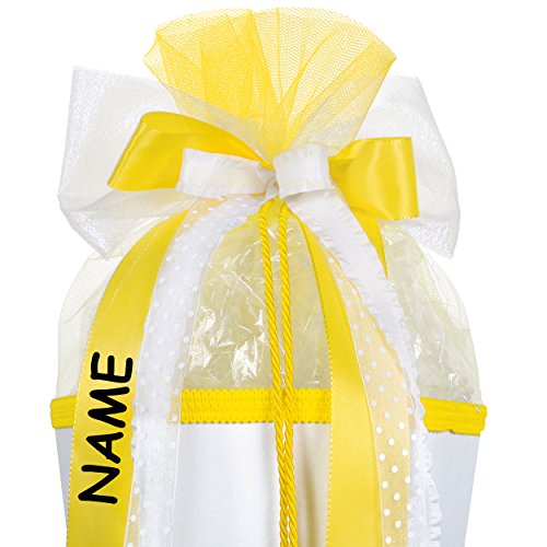 alles-meine.de GmbH große 3-D Schleife - incl. Name/Text - 24 cm breit u. 63 cm lang - für Geschenke und Schultüten - mit Spitzenband Kordel und Chiffonband gelb weiß von alles-meine.de GmbH