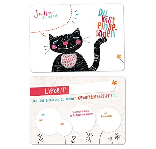 almira Design 10x Einladungskarten Kindergeburtstag KATZE weiss, Einladungen, Geburtstagsparty, A6, abgerundetet Ecken, schwarze Katze von almira Design