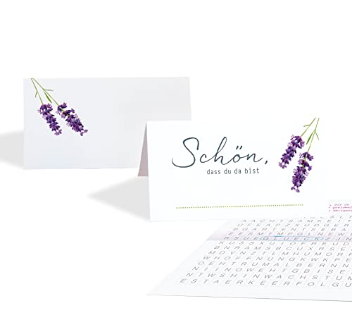 15 Platzkarten Tischkarten Hochzeit LAVENDEL WEISS mit Spiel innenseitig, Tischkärtchen zum beschriften, Namenskarten, lila, Jubiläum Geburtstag Familienfest von almira Design