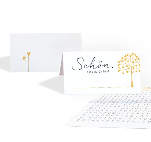 15 Tischkarten Set Platzkarten Hochzeit HERZBAUM GOLDGELB mit SPIEL innenseitig, Tischkärtchen zum beschriften 9x5cm, Namenskarten, gelb, Jubiläum Geburtstag Familienfest von almira Design