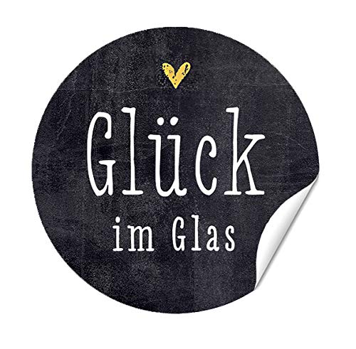 Aufkleber Etikett "Glück im Glas" mit Herzchen, goldgelb auf TAFEL-LOOK, Honigetiketten, Marmeladeetiketten, Sticker, 40mm von almira Design