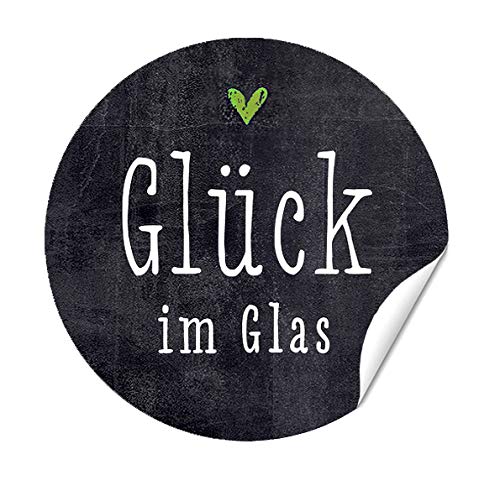 Aufkleber Etikett "Glück im Glas" mit grünem Herzchen, auf TAFEL-LOOK, Etiketten Pesto, Marmeladeetiketten, Sticker, 40mm von almira Design