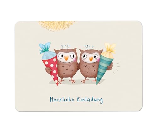 almira Design 10x Einladungskarten Einschulung für ZWILLINGE - Eulen, Einladungen Schulanfang, Schule von almira Design