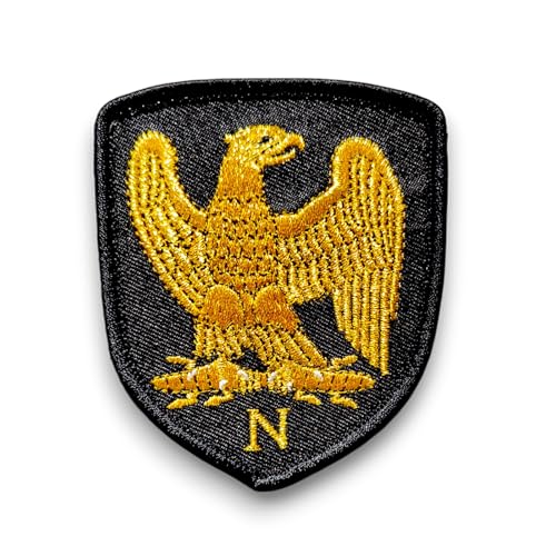 Napoleon-Wappen Imperial, schwarz, goldfarbener Faden – Napoleon-Aufnäher mit Klettverschluss und Halterung zum Aufnähen im Lieferumfang enthalten – Größe 8 x 6,4 cm – Ständer zum Aufnähen von amalric