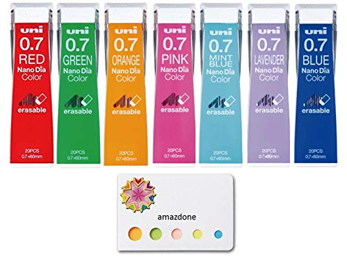 Uni NanoDia Color Druckbleistiftminen, 0,7 mm, 7 Farben (lavendelfarben/blau/orange/pink/rot/mintblau/grün), 7 Stück, insgesamt 140 Minen und unsere original Haftnotizen von amazdone
