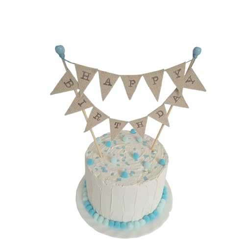 Amazing Buntings, Happy Birthday Cake Topper, Handmade Linen Flags Bunting, Preassembled with Blue Beads von amazing buntings