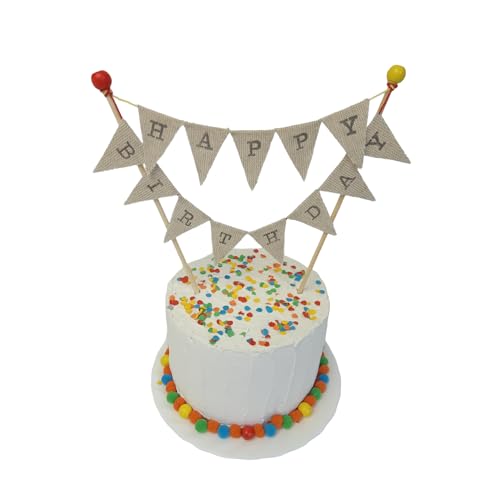 Amazing Buntings, Happy Birthday Cake Topper, wiederverwendbare Leinenflaggen Wimpelkette, vormontiert mit roten und gelben Perlen Amazing Buntings, Happy Birthday Cake Topper, wiederverwendbare Leinenflaggen Wimpelkette, vormontiert mit roten und gelben Perlen von amazing buntings