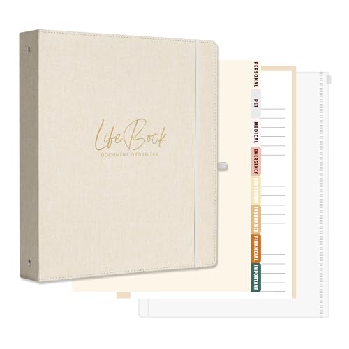 Ampleer Life Book Dokumenten-Organizer, Lebensend-Planer, 3-Ringbuch für wichtige Papiere, 21,6 x 27,9 cm, ästhetisches Leinen, in Etui, wenn ich sterbe, Aktenordner (Beige) von ampleer