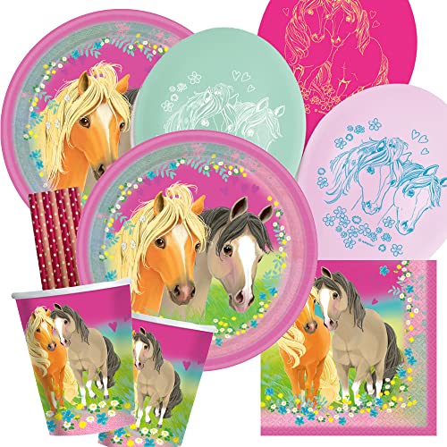 amscan/spielum 50-teiliges Party-Set Pferde - Pretty Pony - Teller Becher Servietten Ballons Trinkhalme für 8 Kinder von amscan/spielum