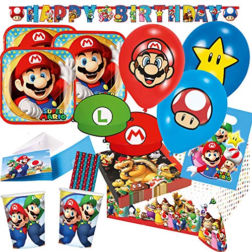 amscan/spielum 76-teiliges Party-Set Super Mario - Teller Becher Servietten Tischdecke Girlande, Partytüten, Einladungen, Trinkhalme, Luftballons, Hütchen für 8 Kinder von Sleecom