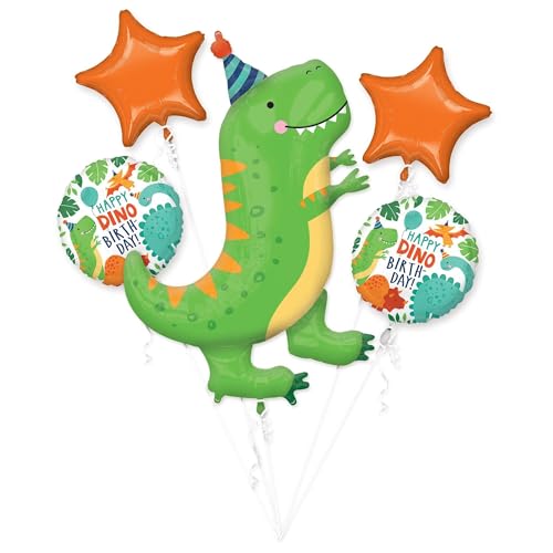 Amscan 4067001 - Folienballon Happy Birthday Dinosaurier, 5 Stück, Ballon Bouquet, Helium Ballons, Luftballons von Anagram