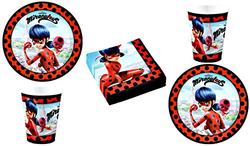 52-teiliges Party-Set Miraculous Ladybug - Teller Becher Servietten für 16 Kinder von amscan