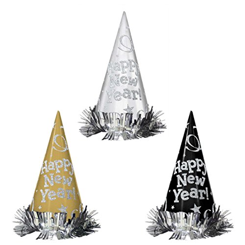 Amscan 259569 - Partyhut Happy New Year, 12 Stück, 22 cm, Papierhüte Metallic, Glitzerhut, Silvester, Neujahr, Jahreswechsel von amscan