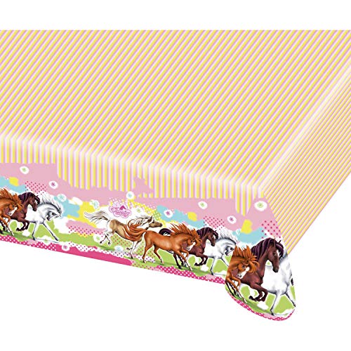 Amscan 552345 - Tischdecke Pferde, 1 Stück, Größe 120 x 180 cm, rosa-pink-gelb mit mehrfarbigen Pferdemotiven, Charming Horses, Kunststoff, wasserabweisend, Geburtstag, Kinderparty, Mottoparty von amscan