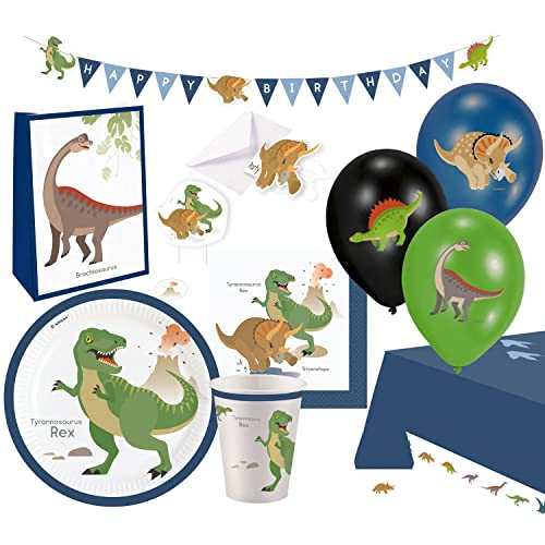 Amscan 9050 0368-66 - Partyset Happy Dinosaurier, 61-teilig, Einweggeschirr & Dekoration, Dino-Motiv, Kindergeburtstag, Motto-Party von amscan