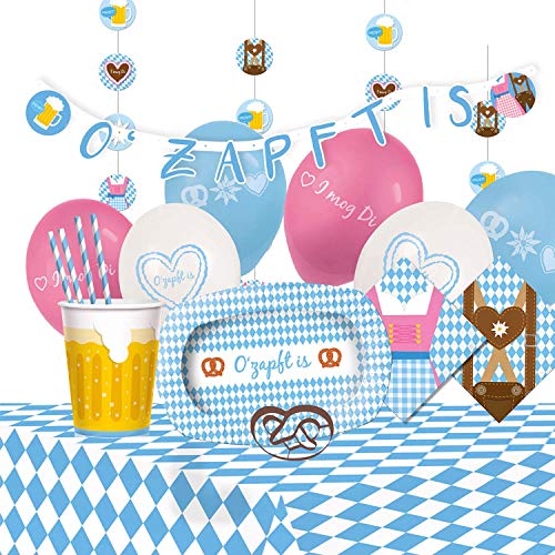 Amscan 9050 0376 - Partyset Bierfest, 6 Teller, 6 Becher, 20 Servietten, 1 Tischdecke, 12 Trinkhalme, 1 Keksform, 1 Girlande, 4 Deko-Spiralen, 6 Ballons von amscan